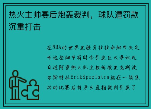 热火主帅赛后炮轰裁判，球队遭罚款沉重打击